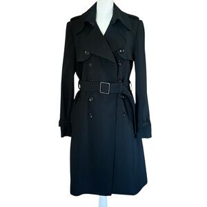 Black Trench Coat Women Size 6 Belted Double Breasted Classic Mid Length Jacket